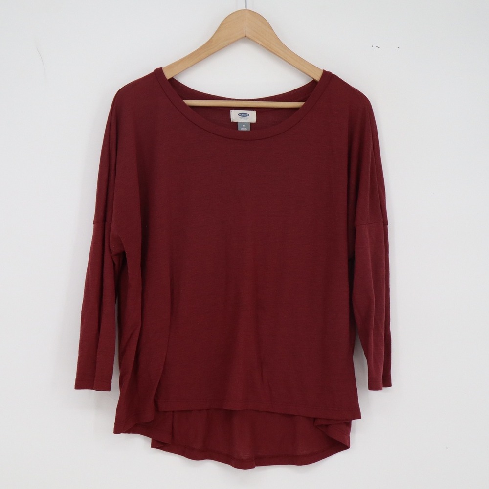 Old Navy Top Womens M Relaxed High-Low Burgundy 3/4 Sleeve Slub Knit Excellent